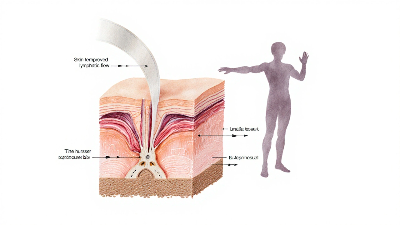 Průřez kůže ukazující, jak tejp zvedá kůži a zlepšuje odtok tekutin.