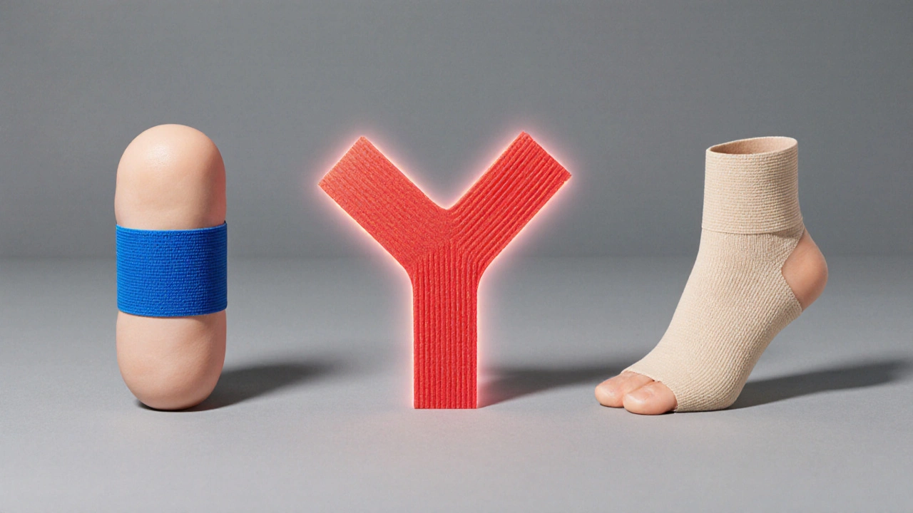 Tři druhy aplikací kinesiologického těpu na koleno, rameno a švih.