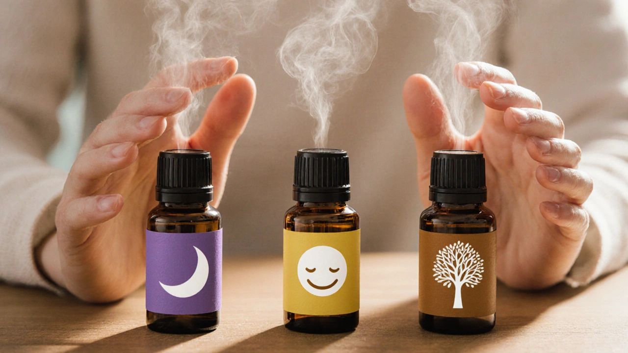 Tři esenciální oleje s rukama v klidném doteku, symbolizující léčebnou sílu.