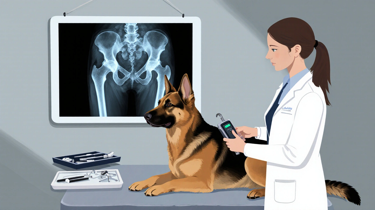 Veterinář vyšetřuje německého ovčáka: ultrazvuk a rentgen zobrazují postižený kloub.