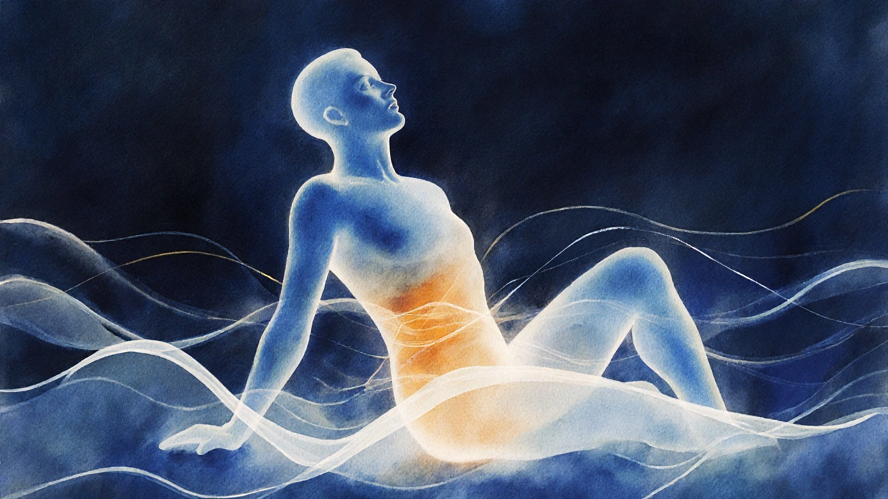 Abstraktní silueta těla vyzařující jemné vlny energie v pastelových tónech.