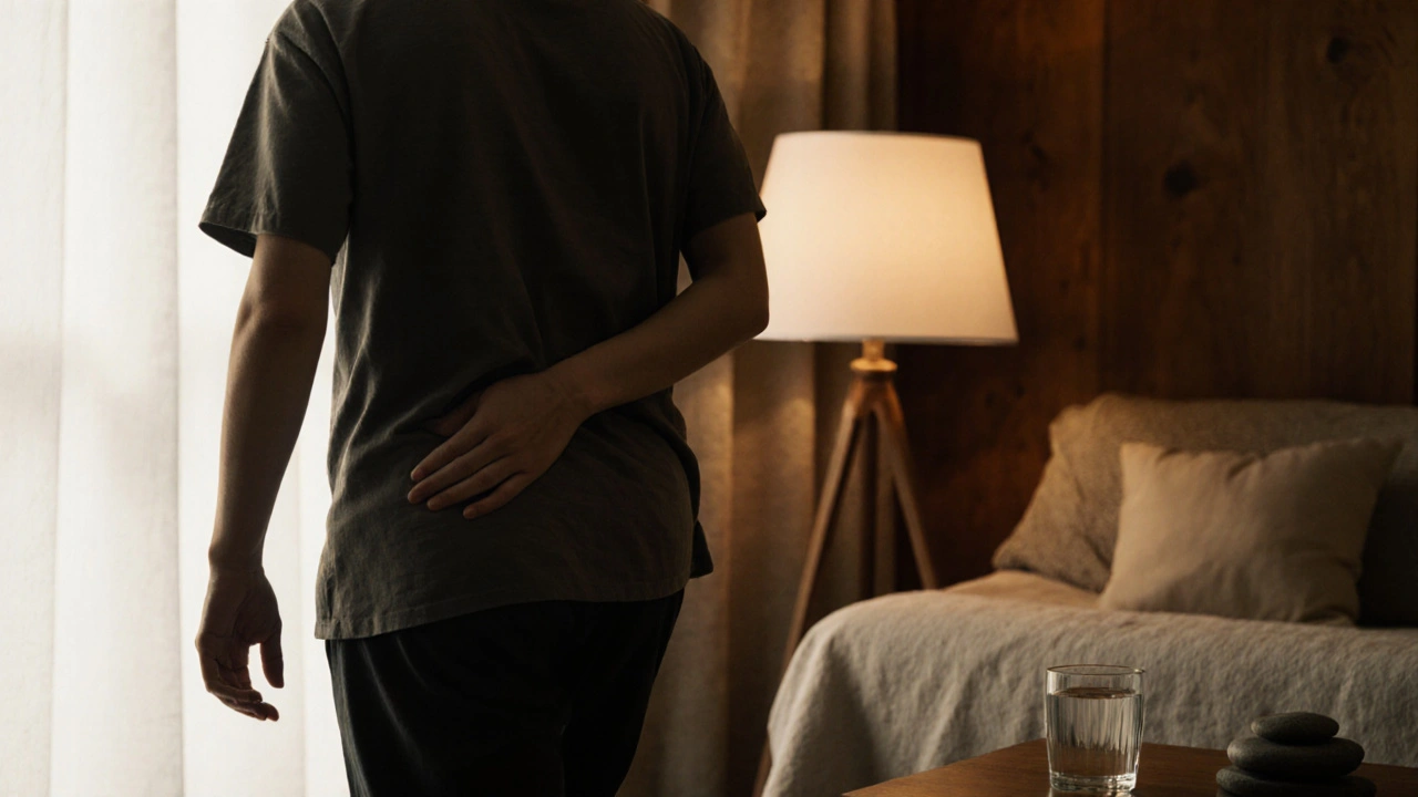 Člověk pomalu chodí doma po masáži, jemně se dotýká záda.