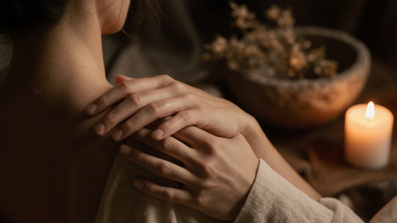 Dvě ruce jemně dotýkají ramene a předloktí v teplém, světlém prostředí.