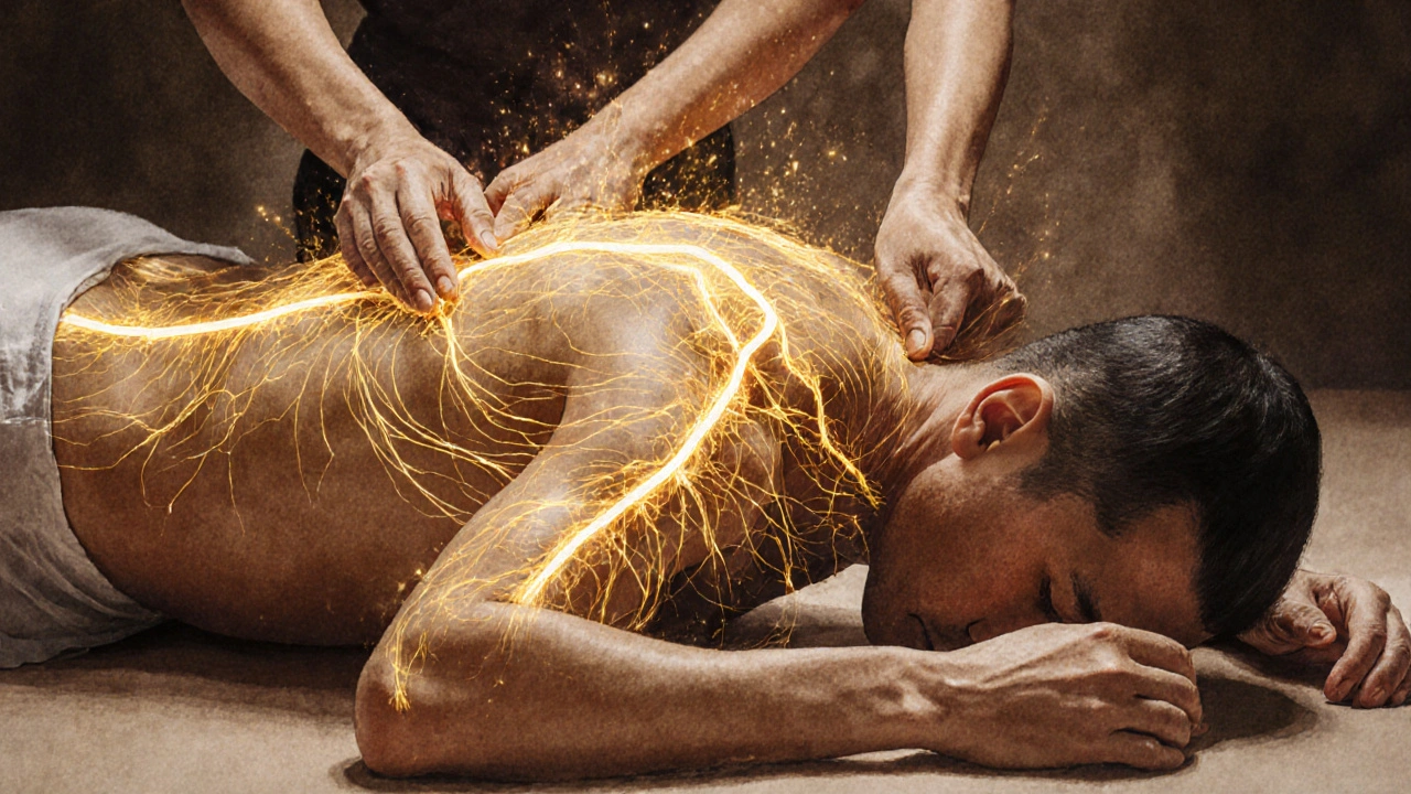 Glowing golden lines představují energetické toky v těle, které jsou uvolňovány terapeutickými pohyby.