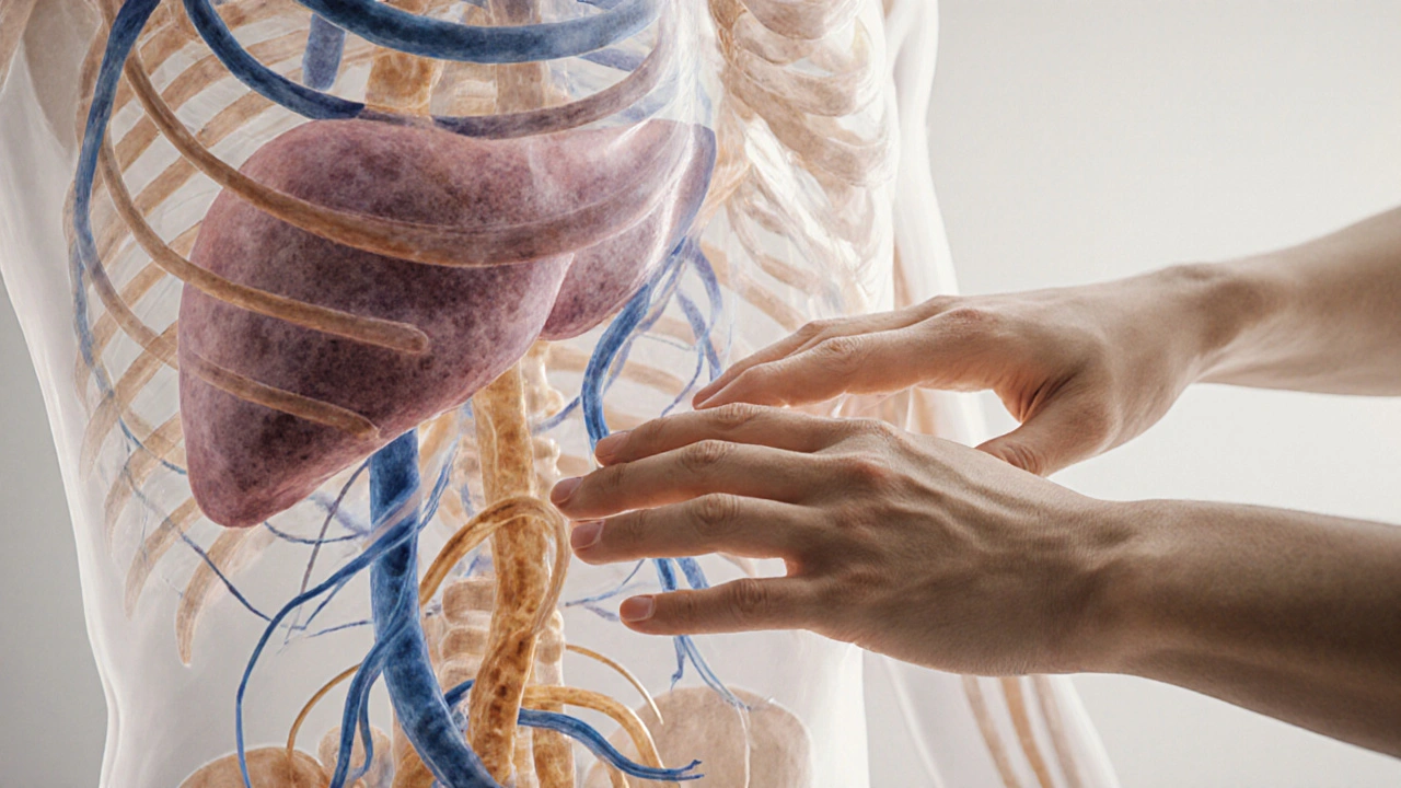 Jemná lymfatická masáž břicha podporující proudění lymfy k uzlům