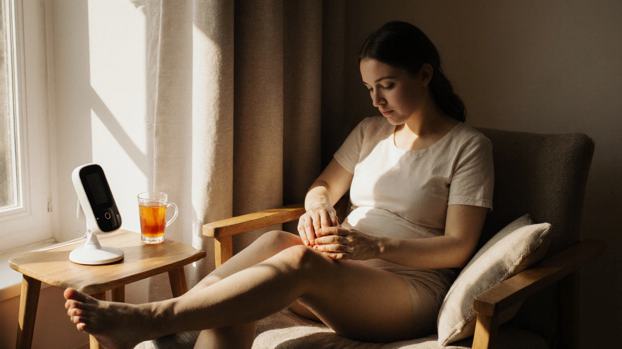 Máma masíruje kotníky v křesle, zatímco dítě spí v pozadí.