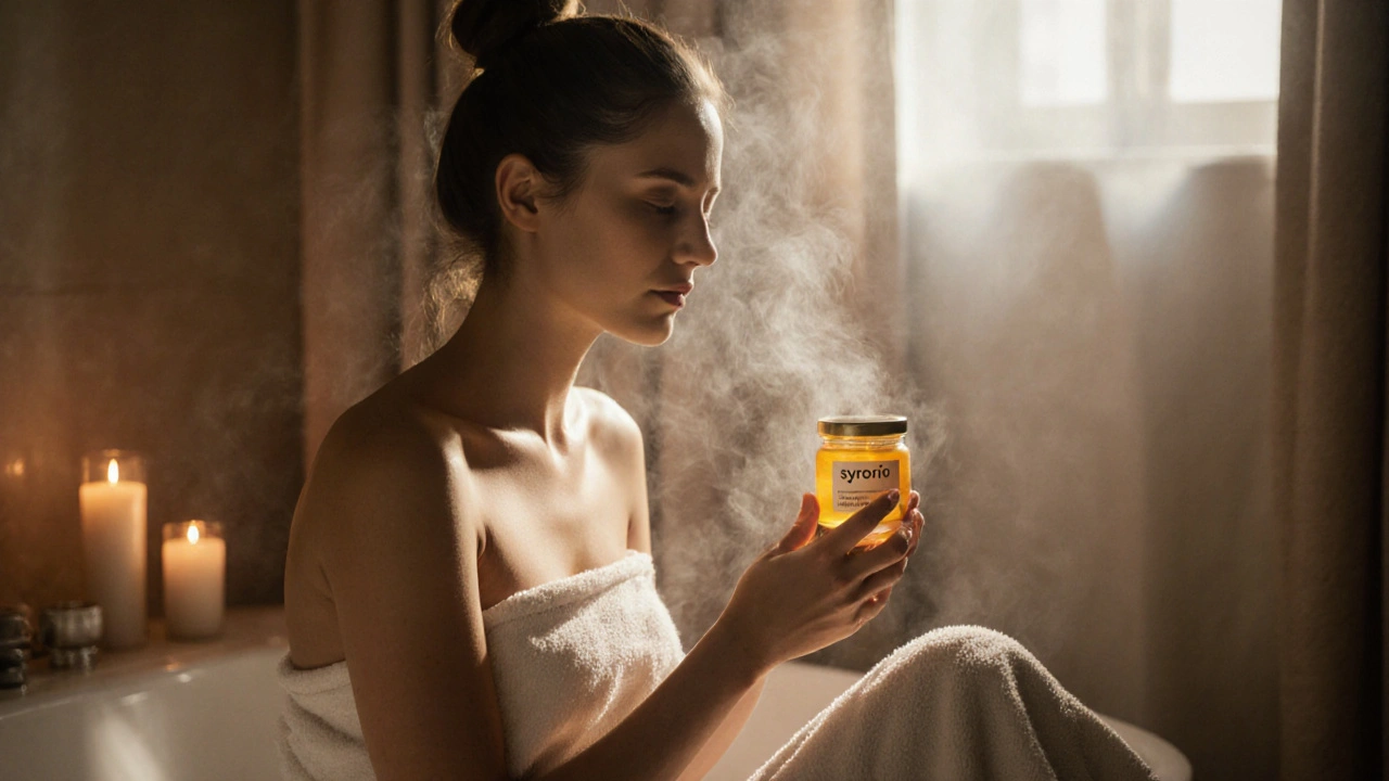 Osoba po medové masáži, obalená ručníkem, s leskem na kůži, v klidné koupelně se svíčkami.