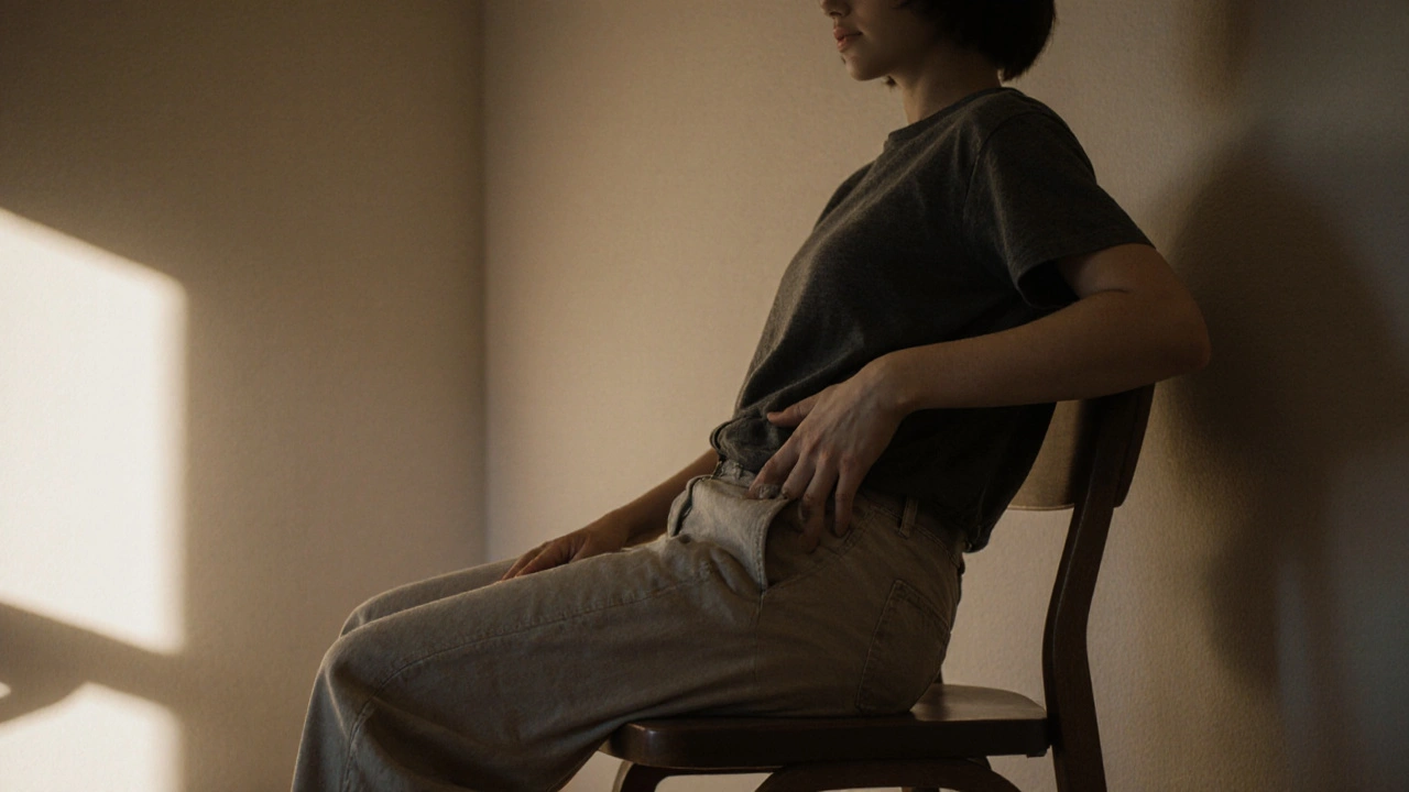 Osoba sedí na židli, jednou rukou lehce tlačí na kyčli, druhou se opírá o zeď, korekce páteře bez násilí.