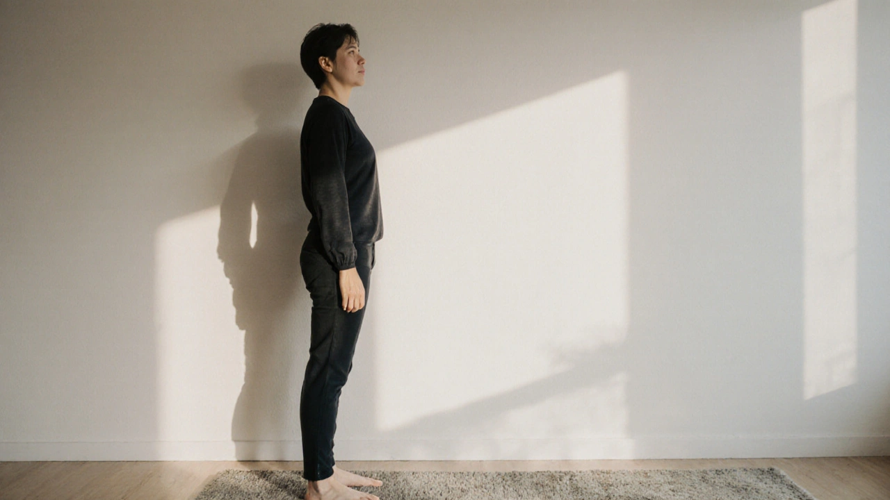 Osoba stojí u zdi, rameno přitlačeno k povrchu, druhá ruka mírně zvednutá, korekce postavy bez pomoci nářadí.