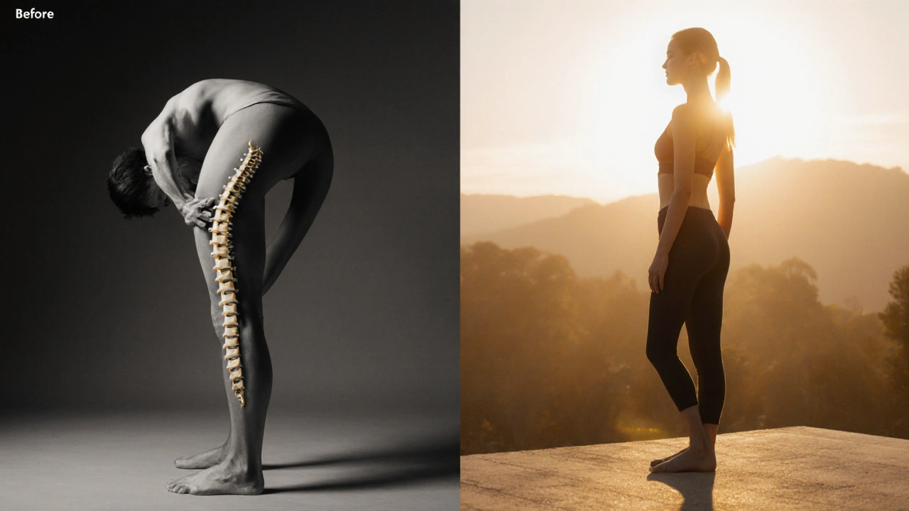Před a po: asymetrické tělo vs. vyrovnáno a harmonické postavení s přirozenou nápravou kyčle.