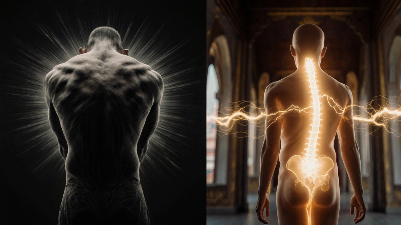 Před a po: tělo přechází z napjatého stavu k volnosti a světlu po thajské masáži.