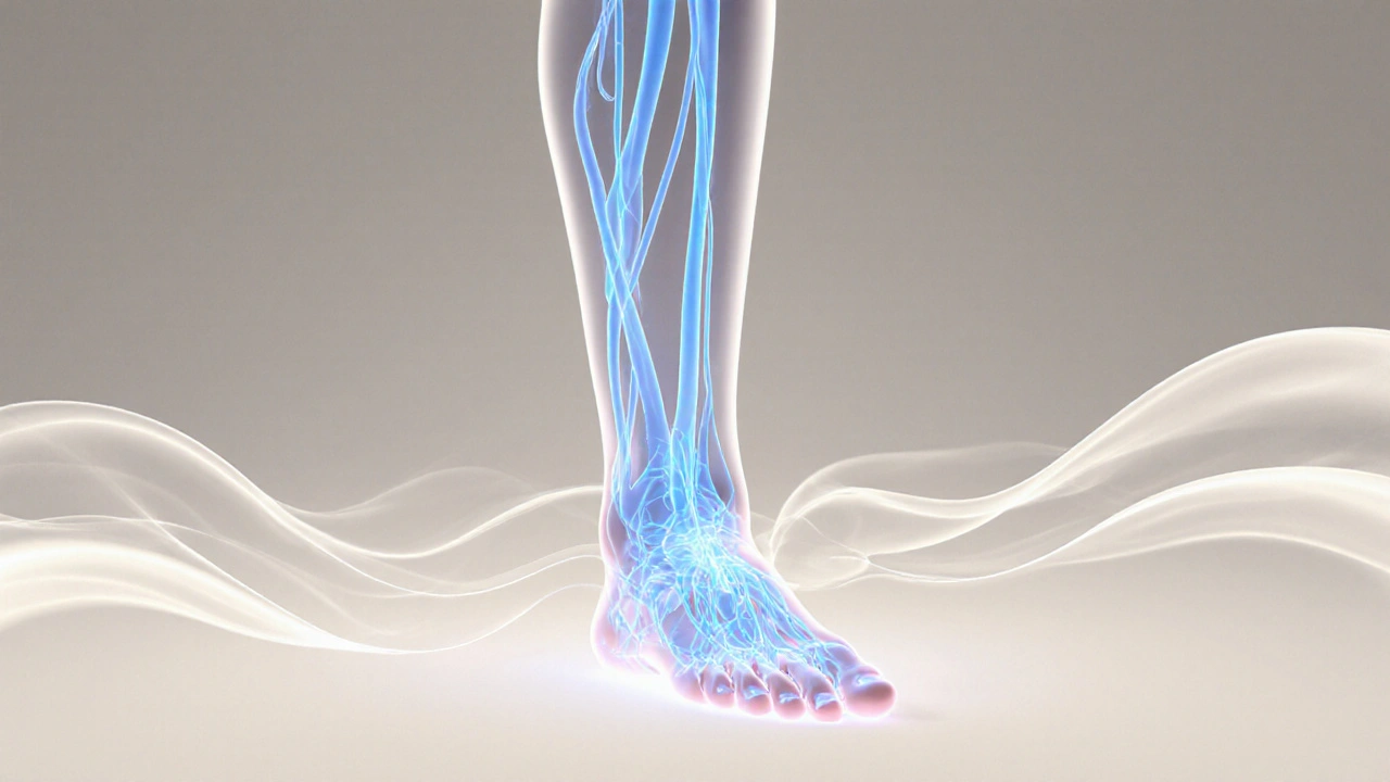 Přehledný náčrt lymfatických cév s jemným prouděním tekutiny směrem k kyčli.