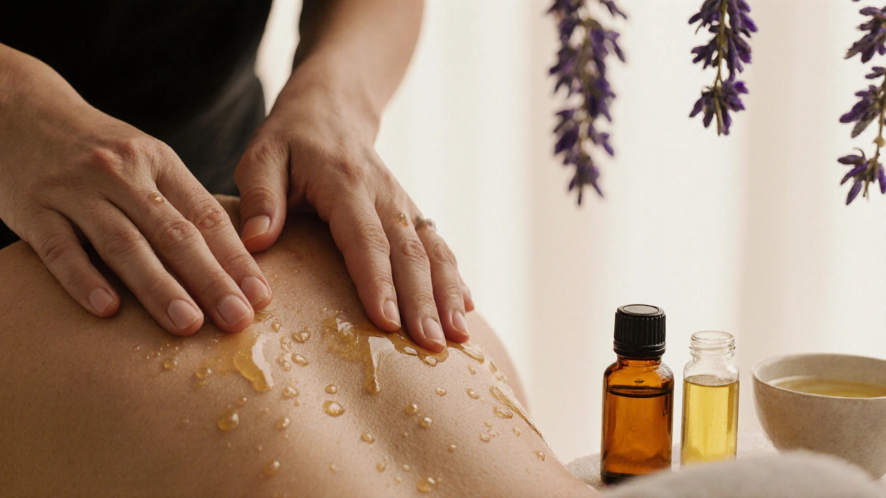 Ruce aplikují esenciální oleje na záda během masáže s viditelnými kapkami oleje a přírodními prvky.