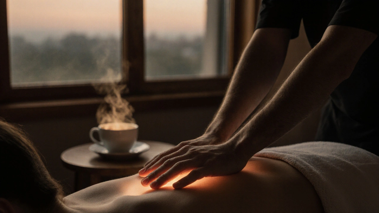 Ruce maséra jemně klouží po zádech, v pozadí viditelný západ slunce a čaj na stole.