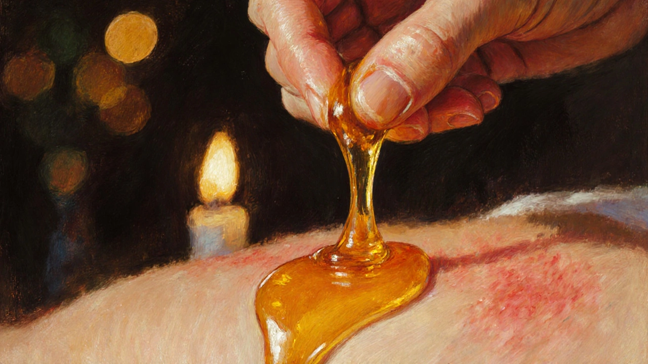 Ruka pomalu odtrhává med od kůže, zlaté nitky medu se táhnou mezi prsty a pokožkou.