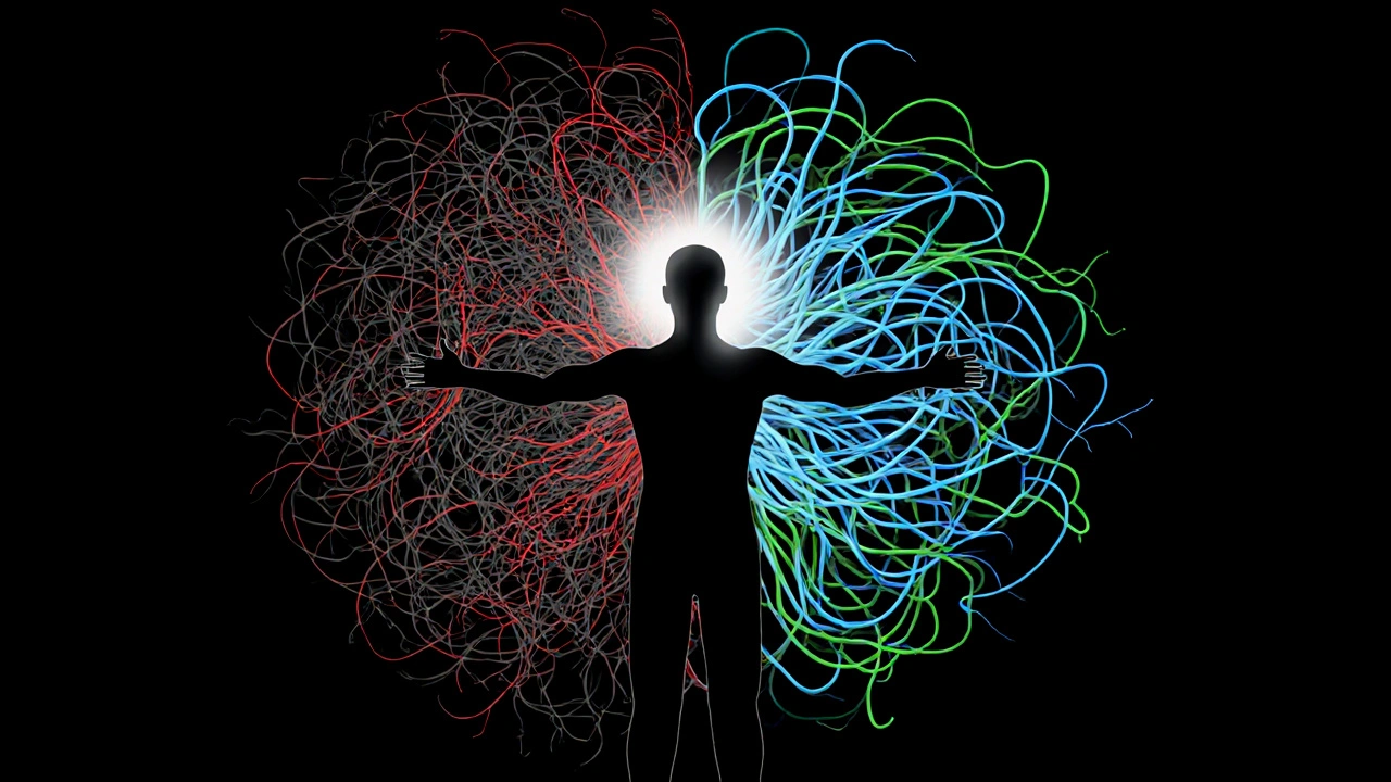 Symbolický obraz přechodu ze stresu k klidu: temné vlákna se mění v klidné modré a zelené linie.