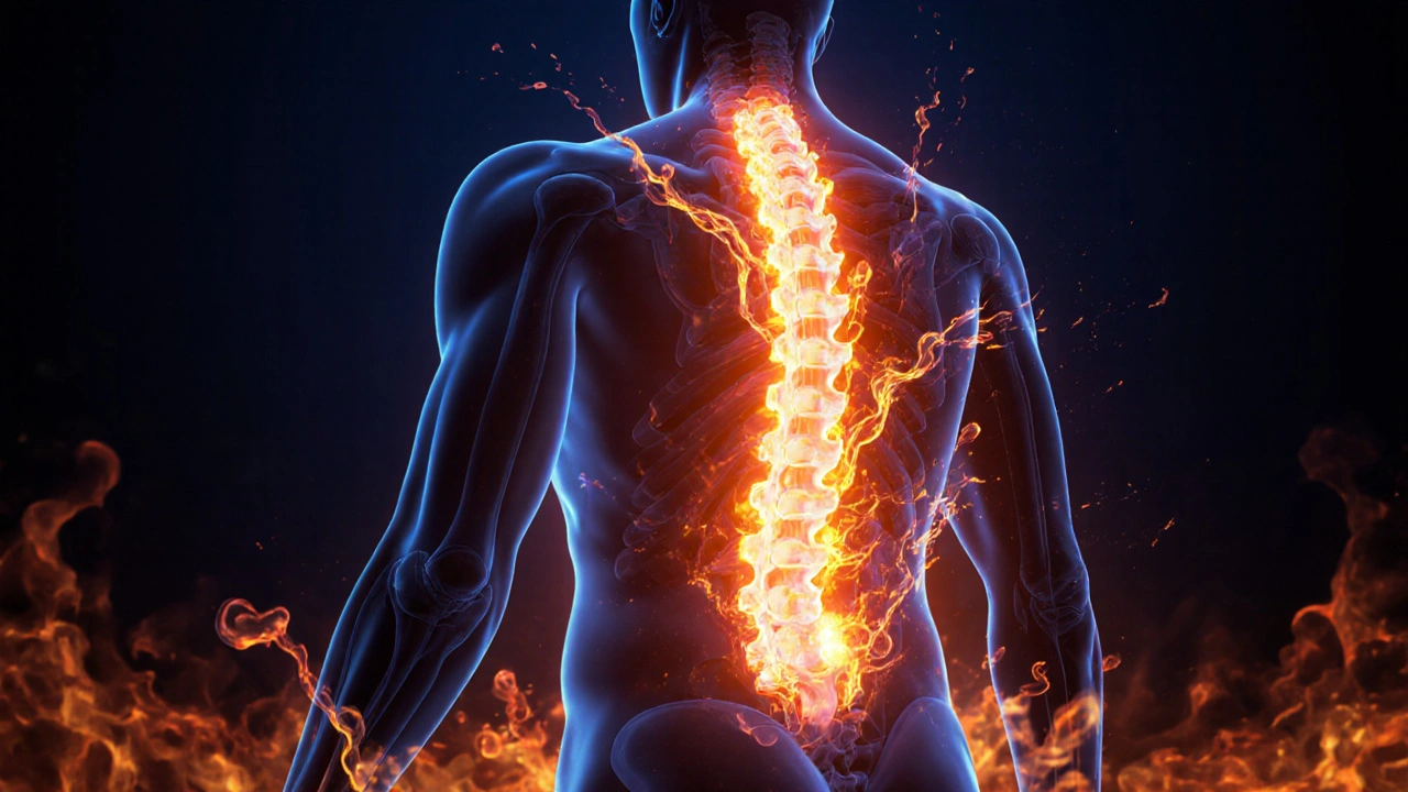 Symbolický obraz rozpuštění svalových uzlů jako světelných vln po páteři.