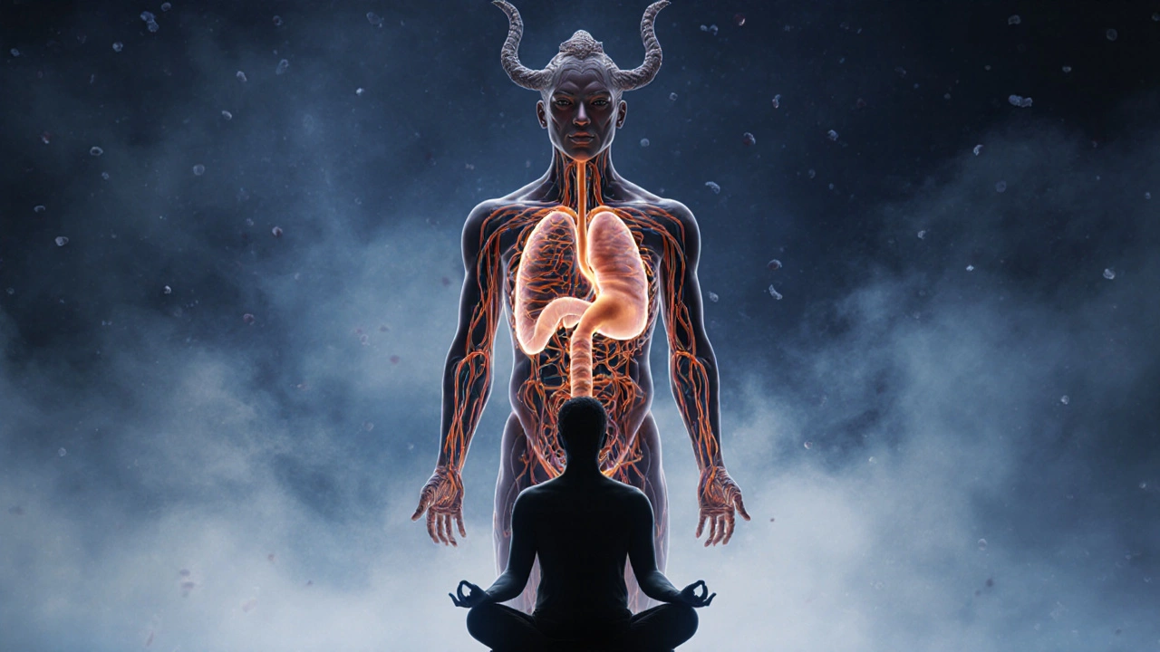 Symbolický strážce z lymfatických cév chrání tělo při meditaci