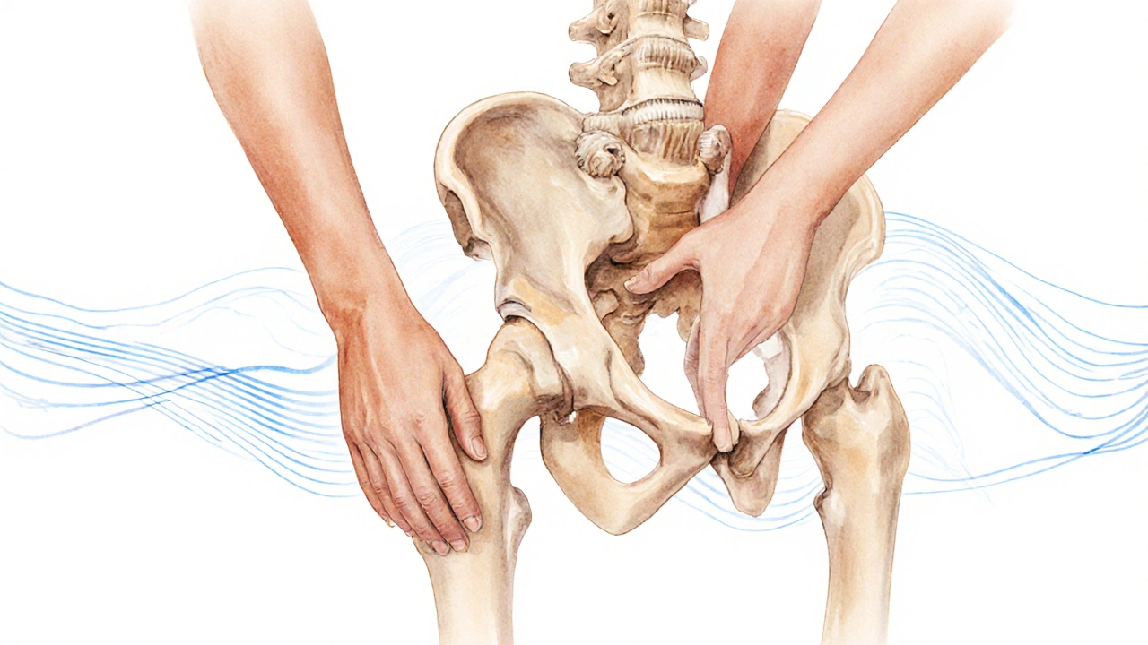 Vodová barva ilustrující uvolnění posunutého kyčelního kloubu jemným tlakem rukou.