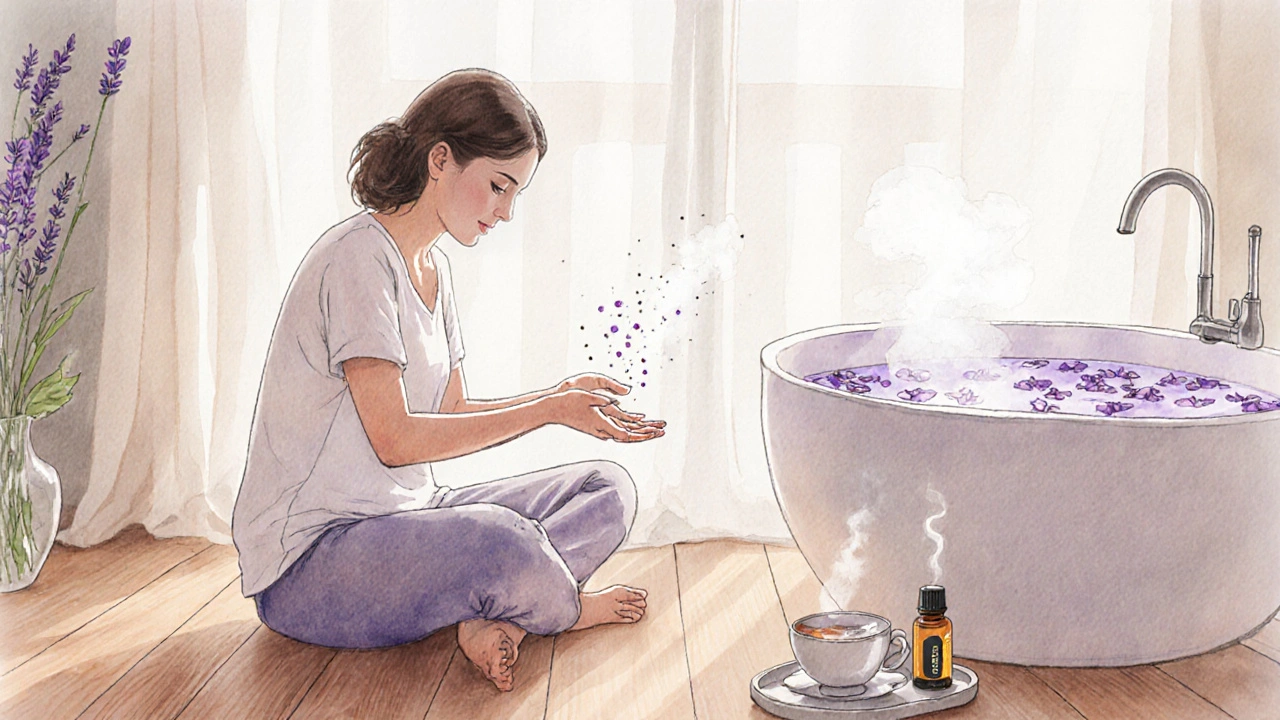 Žena dýchá vůni lavandy doma během ranního rituálu, teplá koupel a sluneční světlo v pozadí.