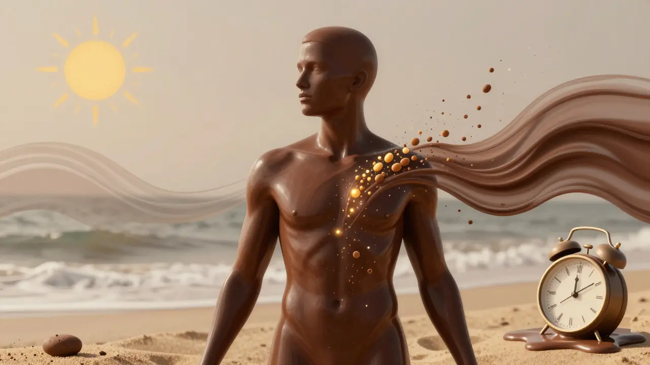 Abstraktní silueta s kůží jako lesklou čokoládou, vyzařující léčebnou energii.