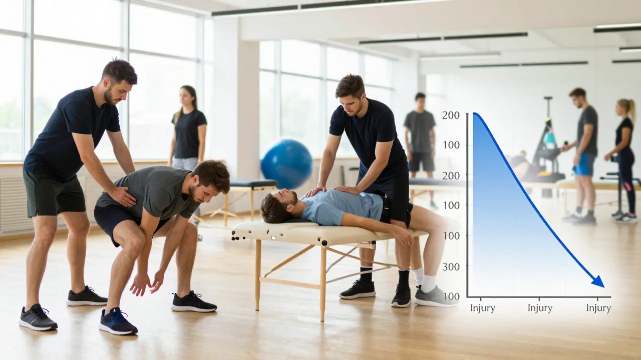 Časová osa obnovy týmu: před zápasem, po zápase a snížení zranění v průběhu týdne.