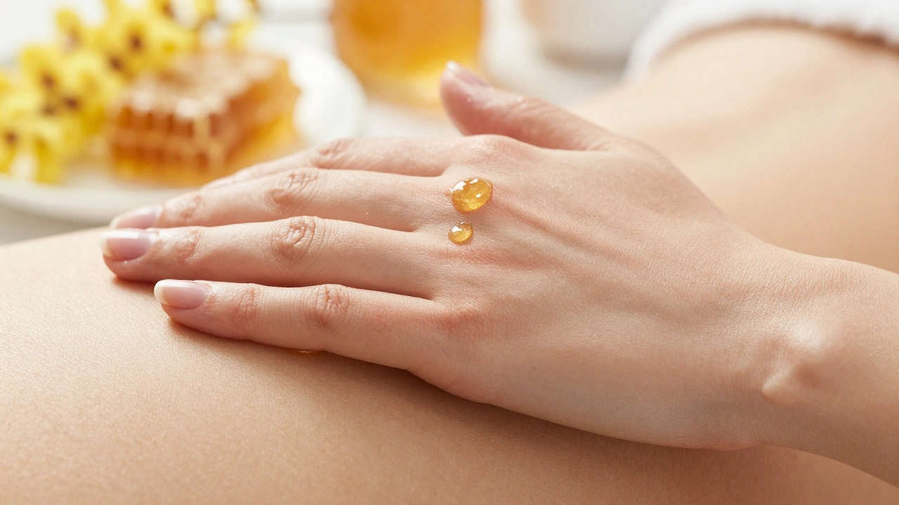 Detail kůže po medové masáži: lesklá, hladká a zdravě zářící s drobnými kapičkami medu.
