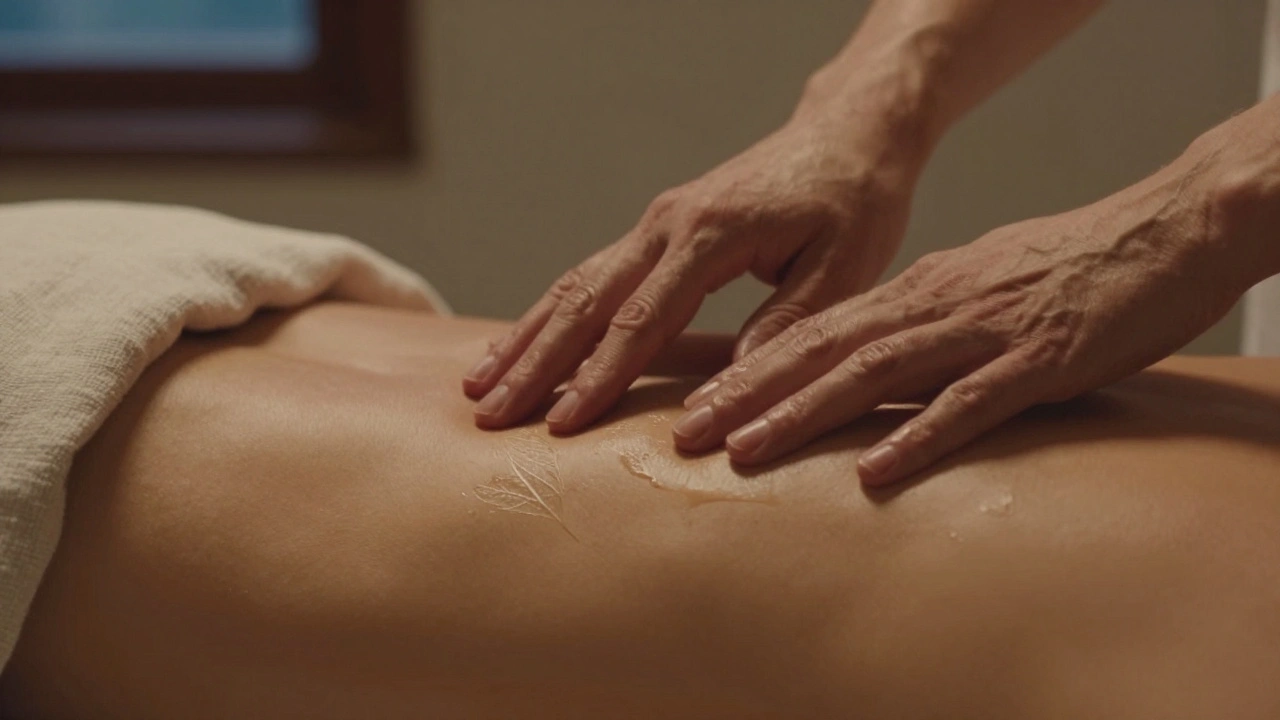 Dvě ruce pomalu hladí záda, bez tlačení, jen s jemným dotekem a plnou pozorností.