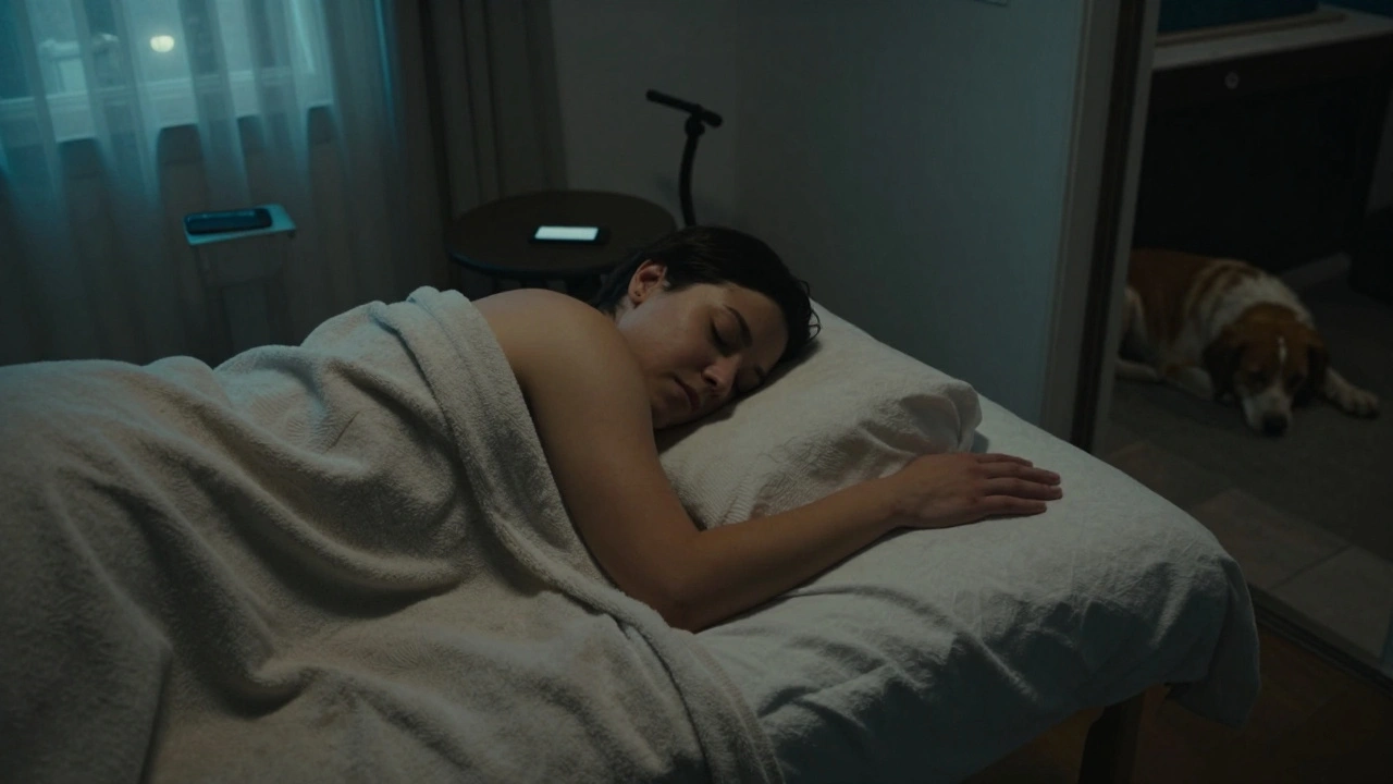 Dvojice po masáži leží vedle sebe, přikrytá dekou, tiše sdílejí prostor bez slov.