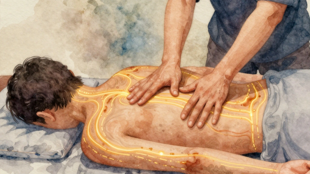 Glowing golden lines představují energetické kanály těla v thajské masáži, spojené s pohyby maséra.
