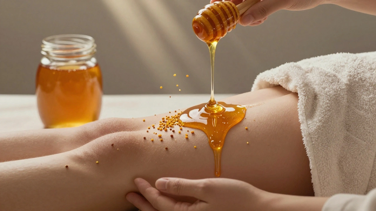 Medová masáž na břiše a stehnech s viditelnými přírodními vlákny medu a teplým osvětlením.