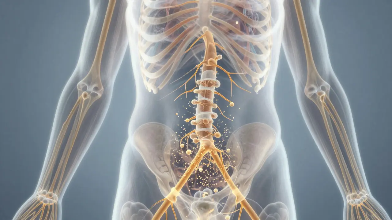 Přehled těla s průběhem lymfy a odváděním tukových částic k lymfatickým uzlům.