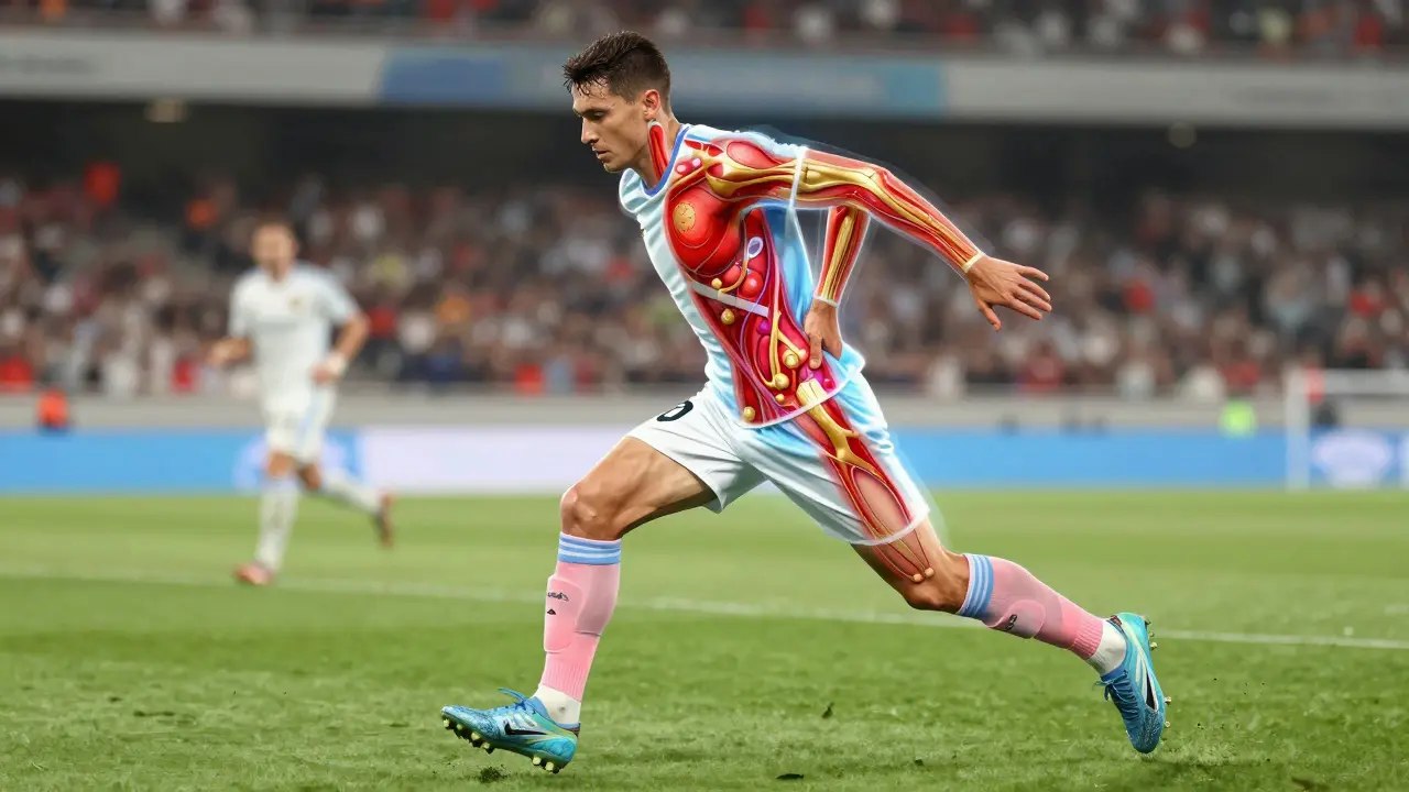 Transparentní znázornění zlepšeného krevního oběhu a odstraňování kyseliny mléčné u fotbalisty během zápasu.