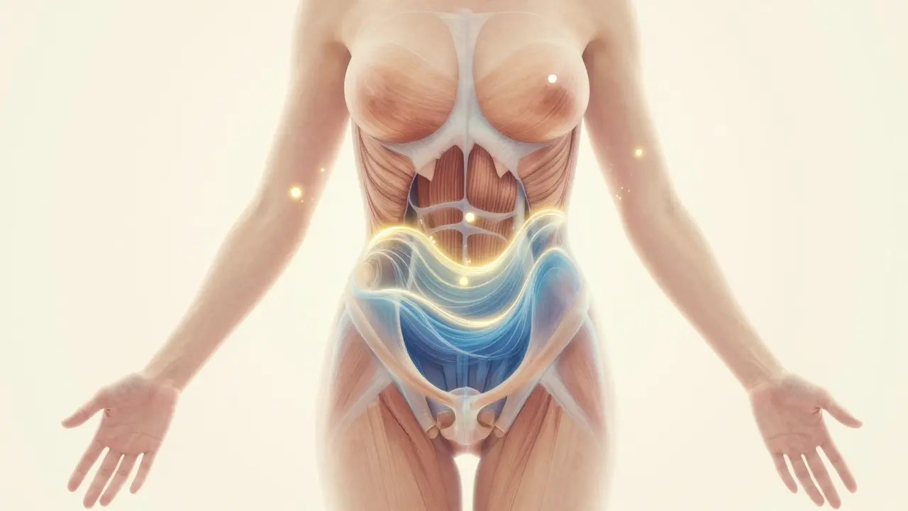 Uvolnění napětí v břiše a pánvi při porodu symbolizované světelnými vlnami.