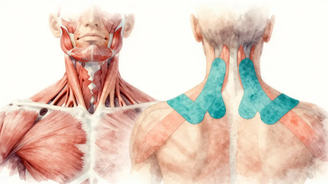Anatomický nákres s tejpem ukazující podporu svalů krku a zlepšení oběhu.
