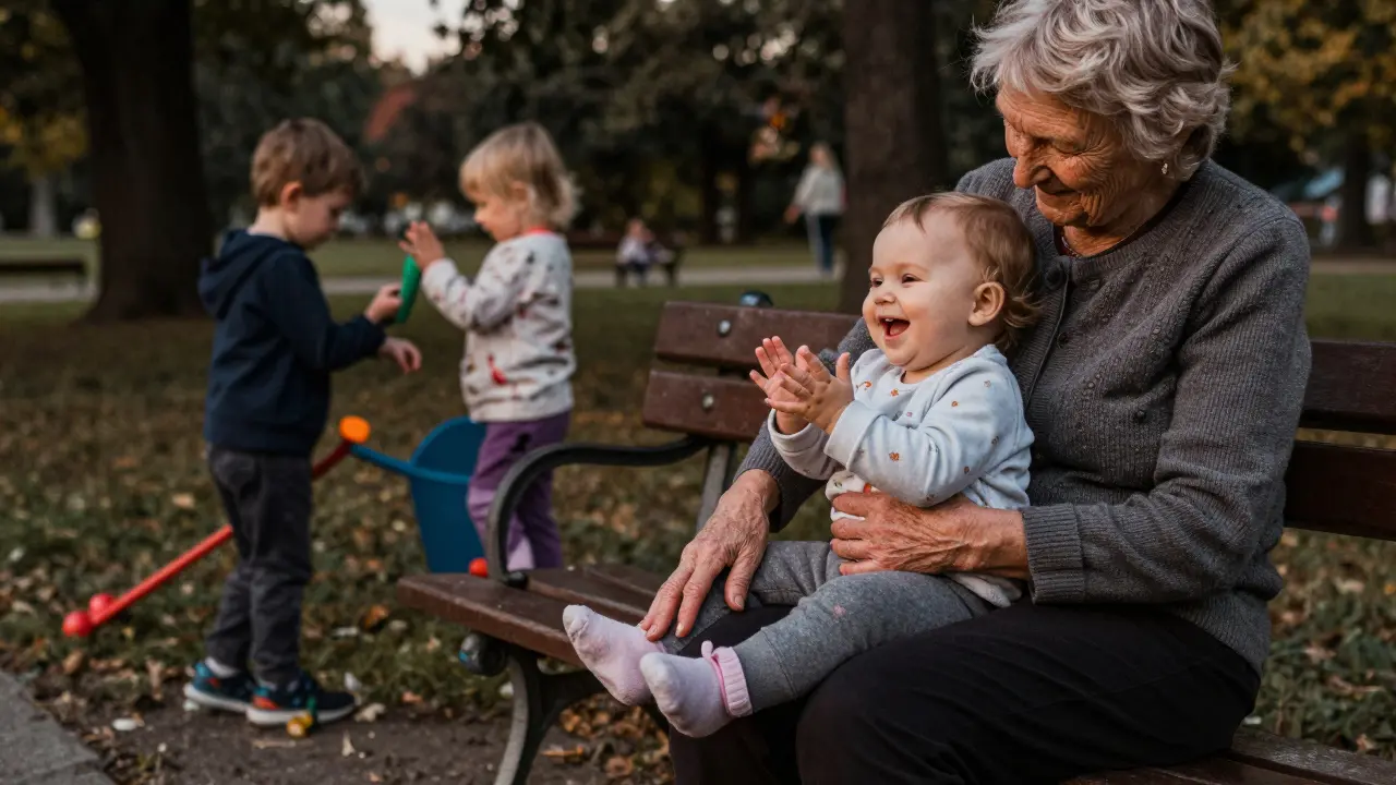 Babička masíruje nožičky vnoučky na lavičce v brněnském parku.
