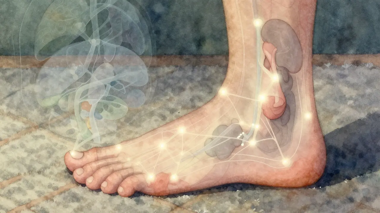 Chodidlo s vyznačenými bodůmi spojenými s orgány jemnými světlými čarami.