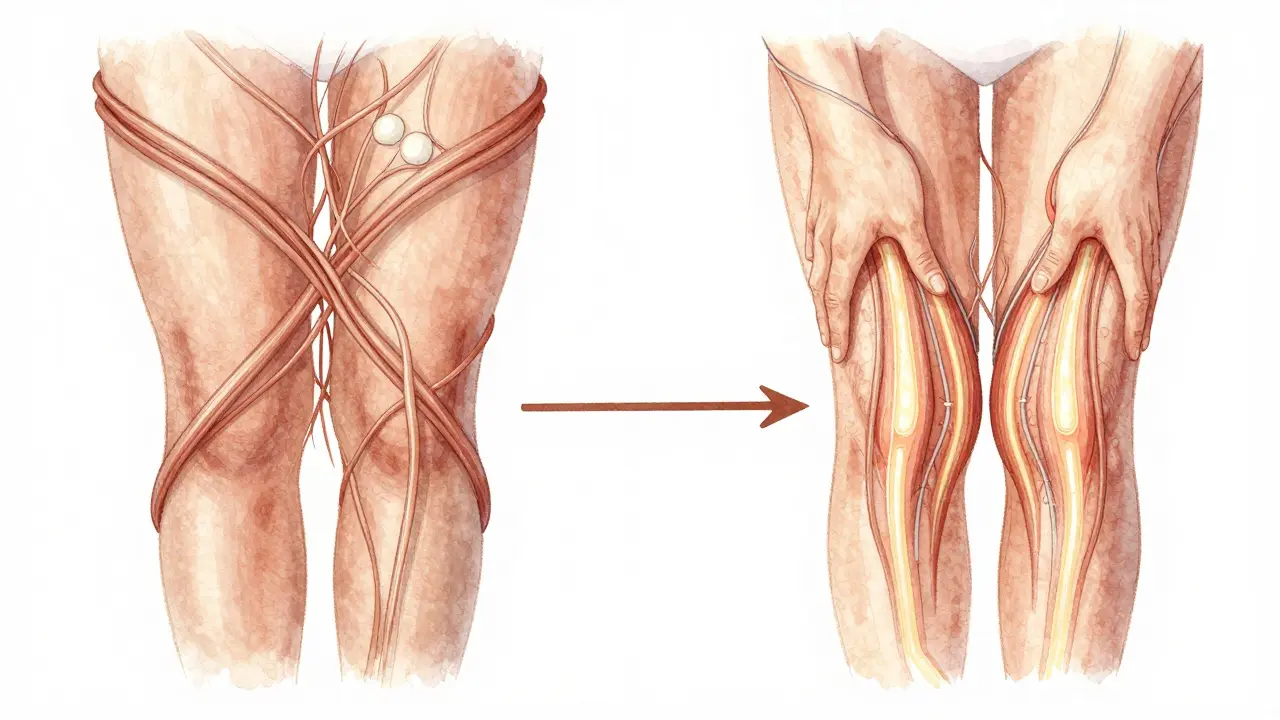 Koncepční ilustrace změny struktury pojivové tkáně pod kůží díky masáži.