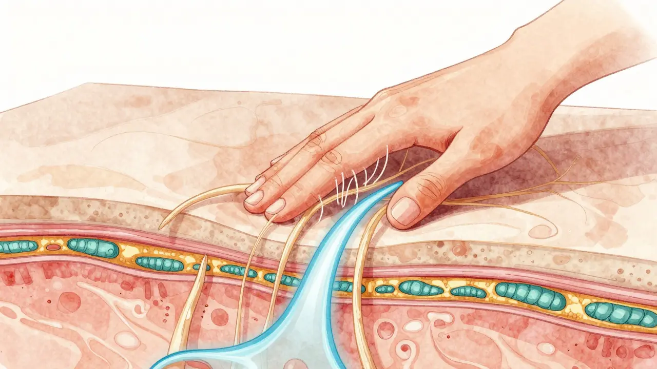 Křížový řez kůže ukazující uvolnění spojivových vláken a zlepšení odtoku lymfy.