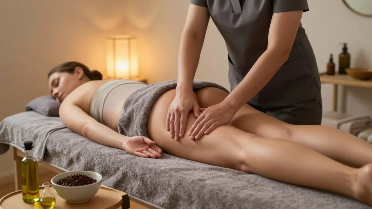 Maséřka provádí lymfatickou masáž na bocích klientky v klidném wellness prostředí.