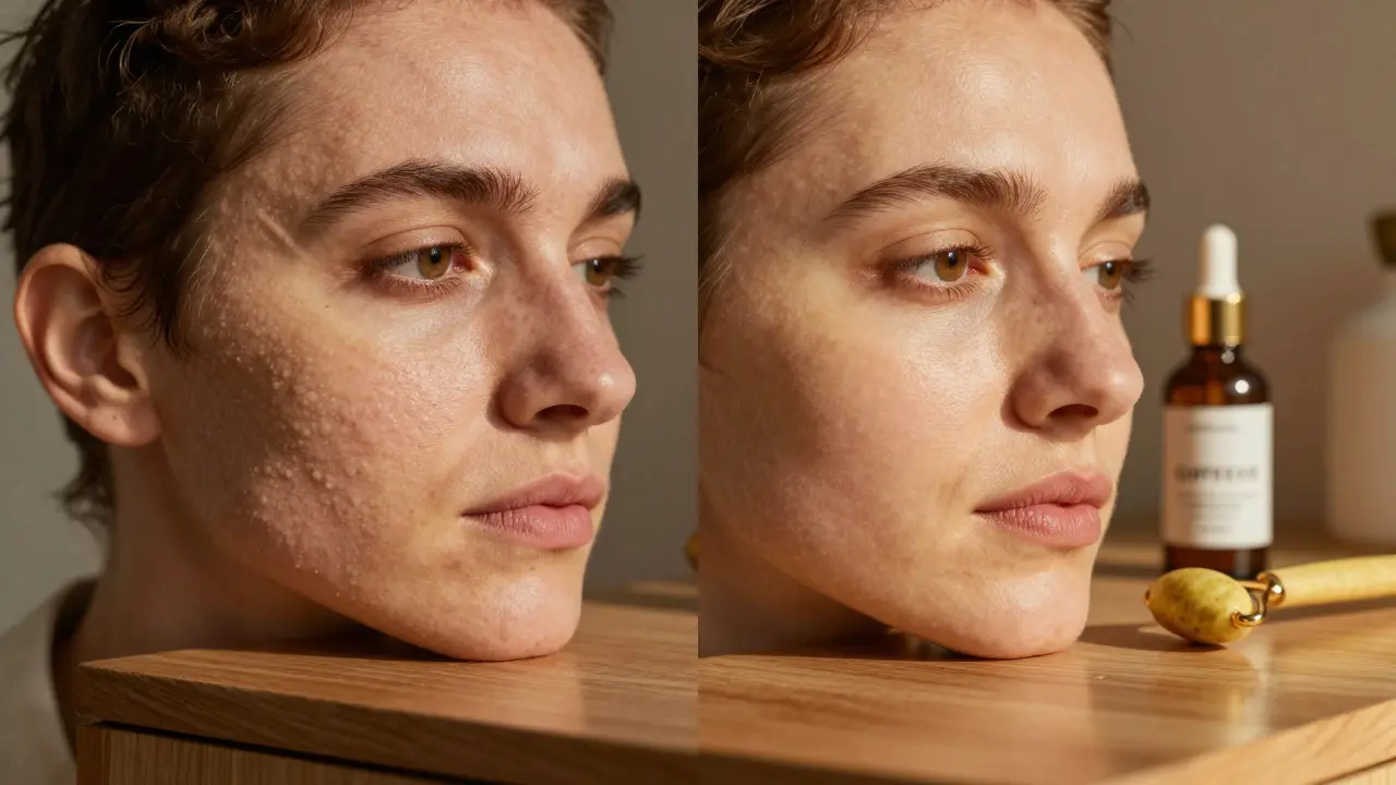 Porovnání textury kůže před a po masáži: nerovná proti hladké pokožce.