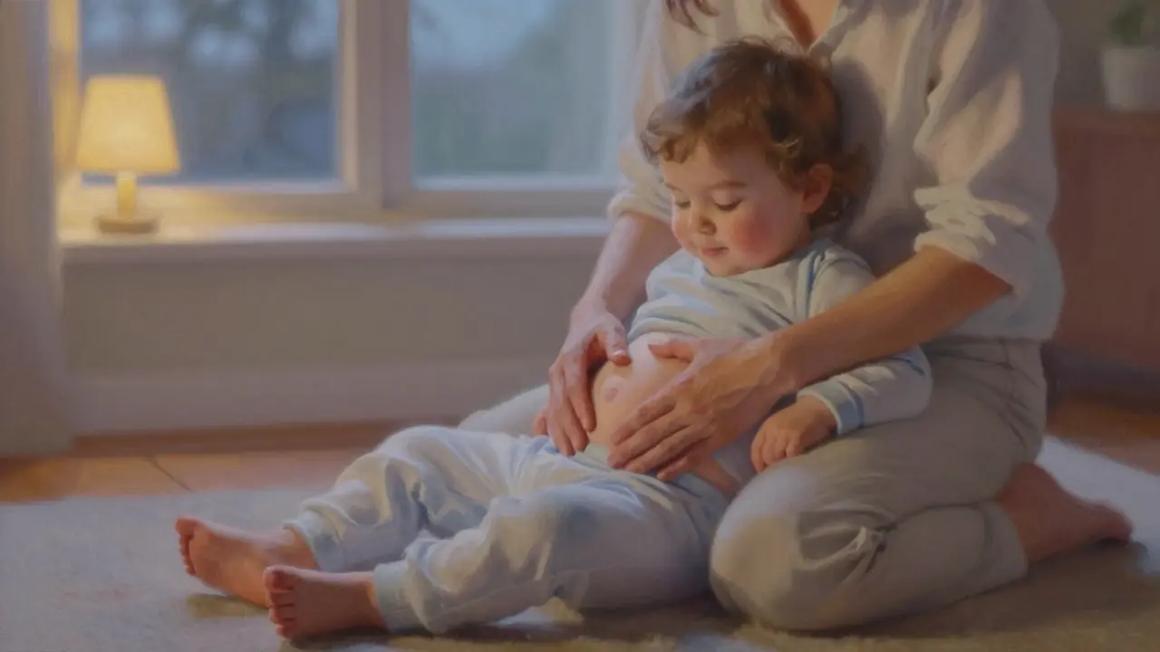 Rodič masíruje bříško dítěte na podlaze ve věčerním světle.