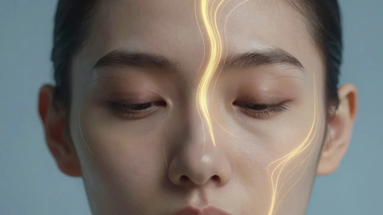 Dvě poloviny obličeje: jedna unavená a opuchlá, druhá zářivá a vyhladěná, spojené zlatým světlem lymfatického odtoku.