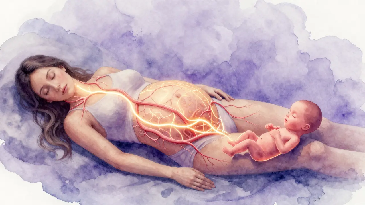 Grafické znázornění krevního oběhu u těhotné ženy spící na levém boku s placentou.