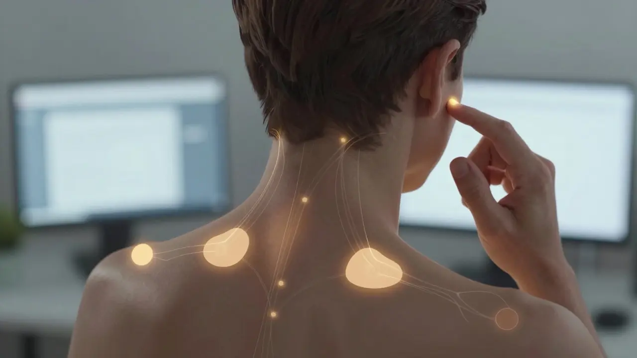 Ilustrace ukazuje klíčové akupresurní body na krku a ramenách s vykreslenými nervovými dráhami.