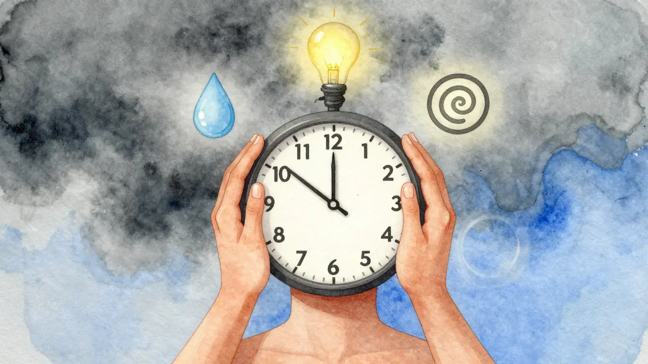 Konceptuální obrázek hodin s rukama jako ručičkami, symbolizující pravidelnou antimigrenózní masáž.