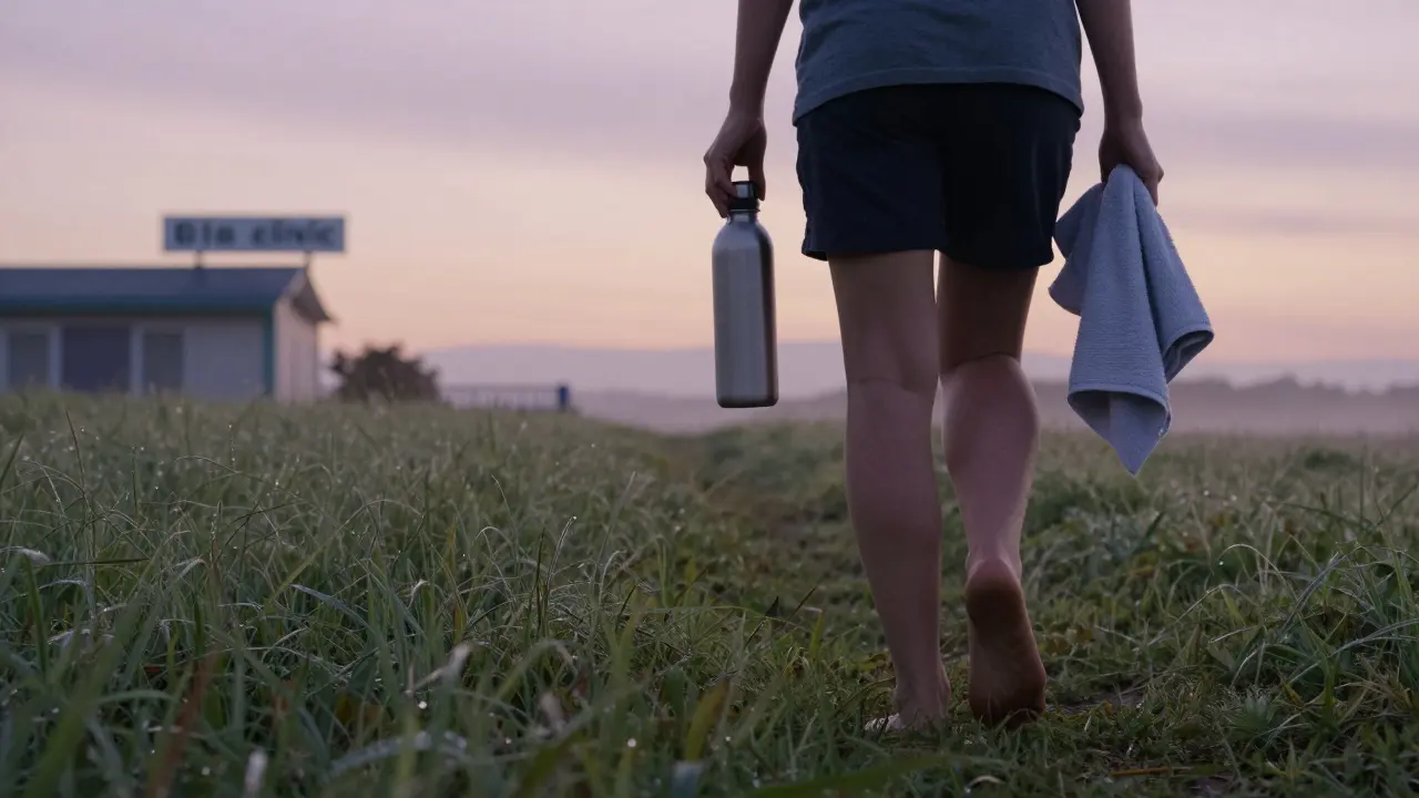 Osoba jde bosá na trávníku s vodou a ručníkem, bez žádných věcí, symbolizující klid po masáži.