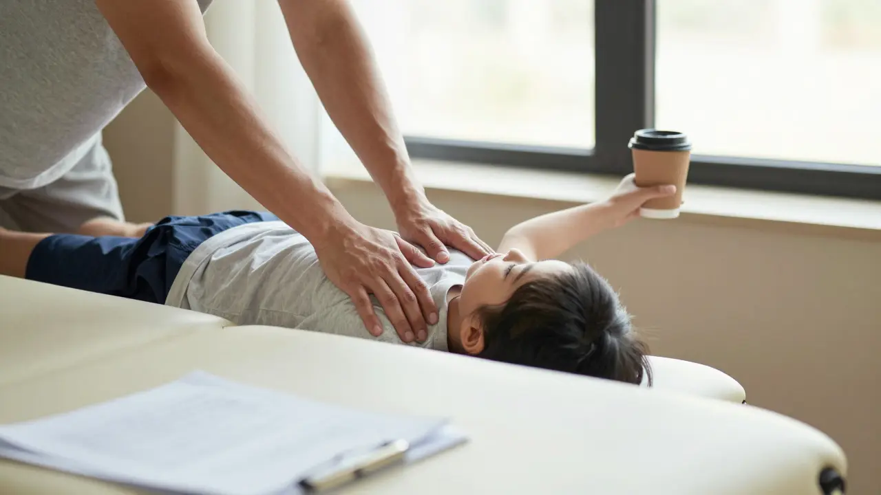 Pacient bez bolesti zvedá dítě po sérii rehabilitačních masáží, znak zlepšené pohyblivosti.