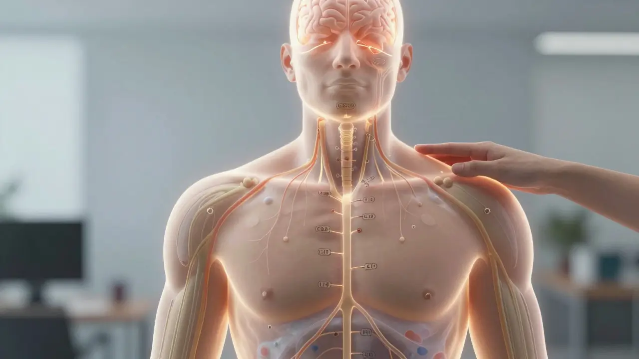 Průřez tělem s označenými klíčovými body tlaku a krevním tokem směrem k mozku.