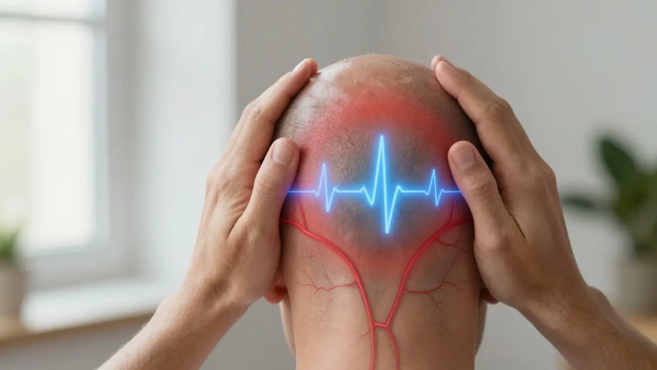 Ruka masíruje základ hlavy, s představou uvolnění krevních cév a nervů.